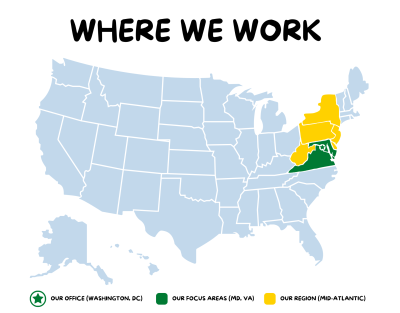 Where we work: Washington DC (our office), Maryland and Virginia (our focus areas), and Delaware, West Virginia, Pennsylvania, New Jersey, and New York (our region)