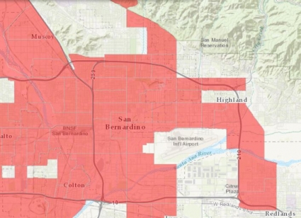 Map of San Bernardino showing qualifying neighborhoods