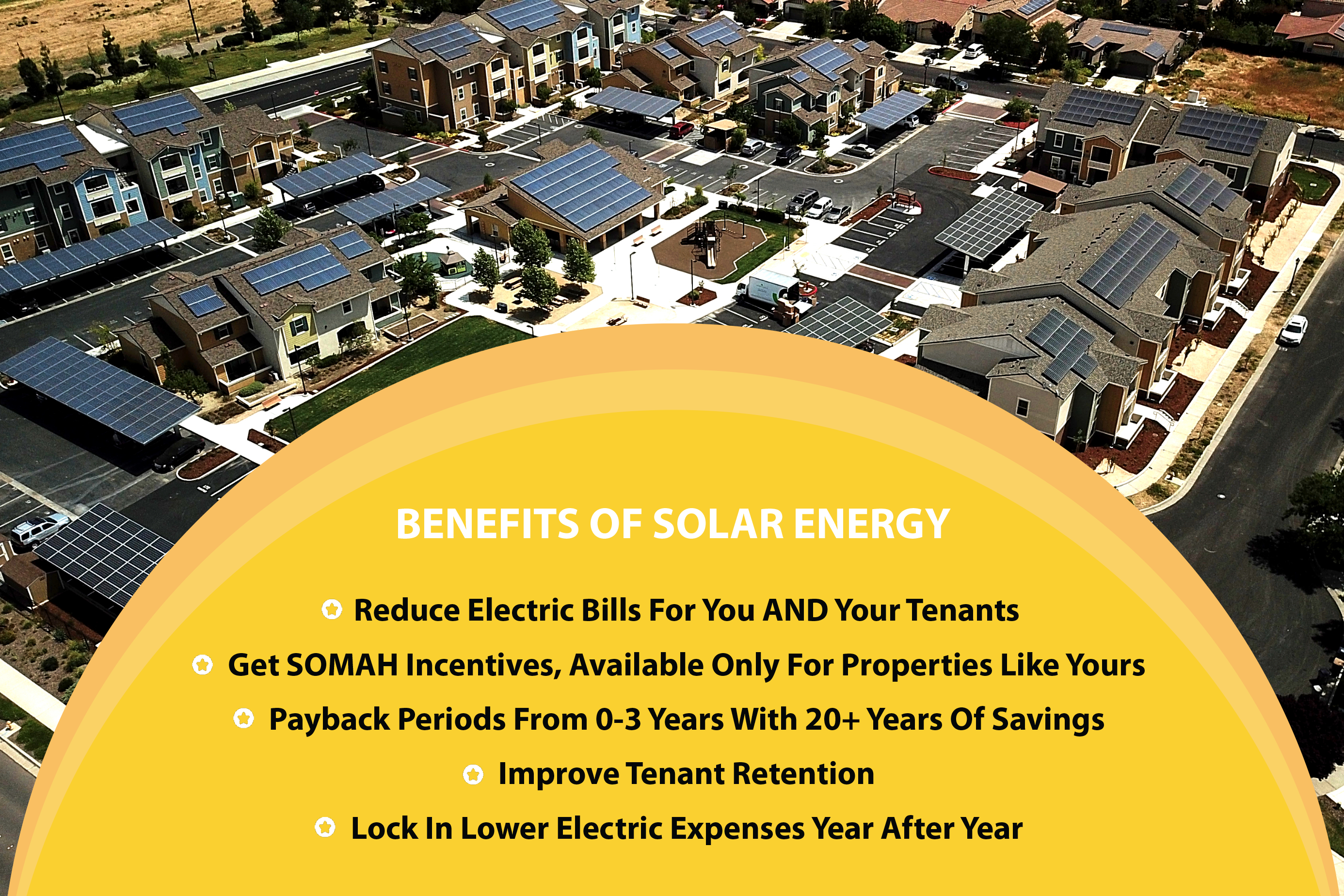 Benefits of solar energy: reduce electric bills for you and your tenants, get SOMAH incentives, payback periods from 0-3 years with 20+ years of savings, improve tenant retention, lock in lower electric expenses year after year