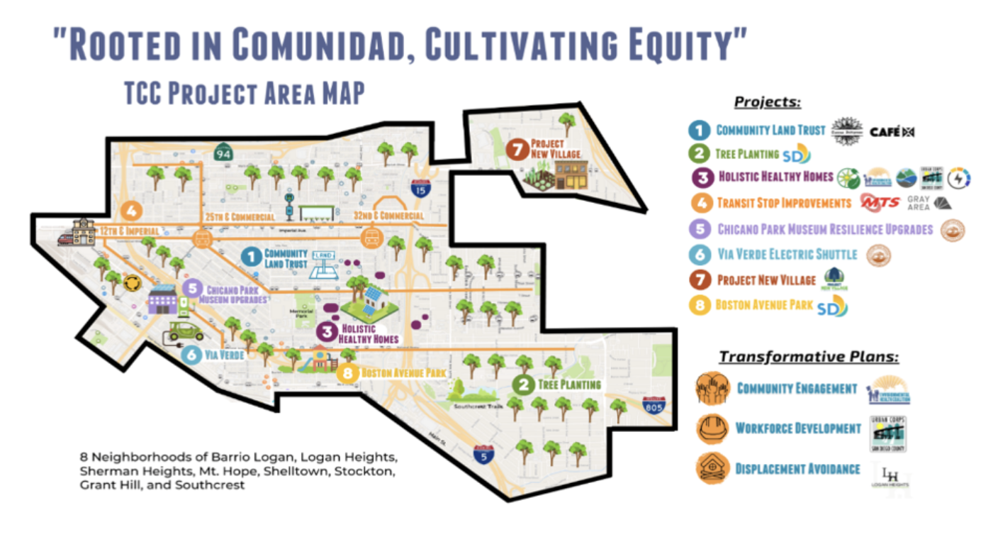 Image of a project map that says rooted in comunidad cultivating equity with a legend on the right and the map on the left