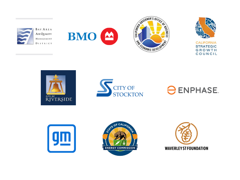 Collection of supporter logos - Bay Area Air Quality Management District, BMO, California Governor's Office of Business, California Strategic Growth Council, City of Riverside, City of Stockton, Enphase, GM, State of California Energy Commission, and Waverly ST Foundation