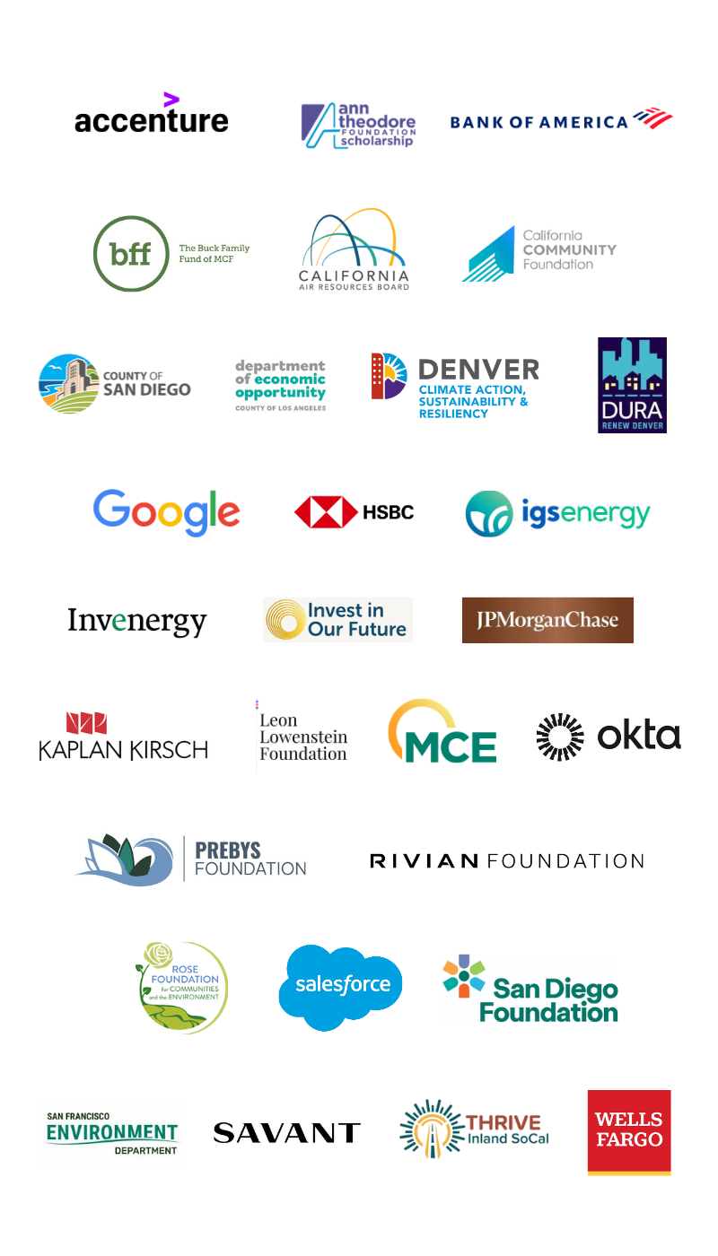 Supporter logos, including Accenture, Ann Theodore Foundation Scholarship, Bank of America, The Buck Family Fund of MCF, California Air Resources Board, California Community Foundation, County of San Diego, Department of Economic Opportunity, Dener Climate Action, DURA, Google, HSBC, IGS Energy, Invenergy, Invest in Our Future, JPMorganChase, Kaplan Kirsch, Leon Lowenstein Foundation, MCE, Okta, Preby's Foundation, Rivian Foundation, Rose Foundation, Salesforce, San Diego Foundation, San Francisco Environme