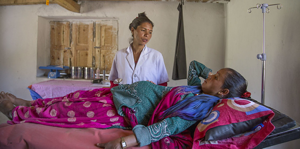 A Nepali woman has a prenatal check up in a health post