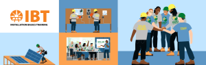collage of images of people being trained to install solar with an IBT logo in the upper left in orange against a white background