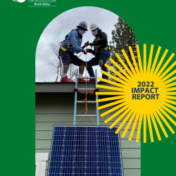 GRID NV staff lifting a solar panel. Green background, GRID NV logo in top right corner. Yellow sun like graphic with text that says 2022 Impact Report