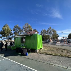 A refurbished container with a brand solar photovoltaic system sits in its new location at Nevin Park, Richmond, CA
