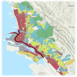 This is the map used to redline neighborhoods: Green and Blue areas were given lower loan rates and meant for white communities, while Yellow and Red coded areas were “less desirable” and reserved for black and brown communities.