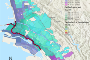 In this map, along a gradient from lighter/greener shades to darker colors, the dark blues represent areas with higher rates of respiratory illness along highway 880 (the red line).