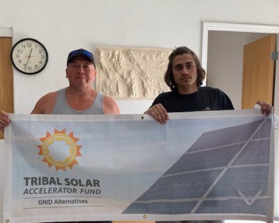 Timbisha Shoshone job trainees with Tribal Solar banner