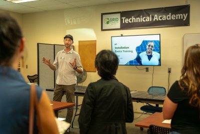 Construction Director Skyler Cammack in North Valley's Technical Academy classroom during a facility tour.