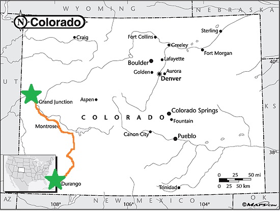 Map of Colorado showing Grand Junction and Durango marked with green stars, connected by an orange route line