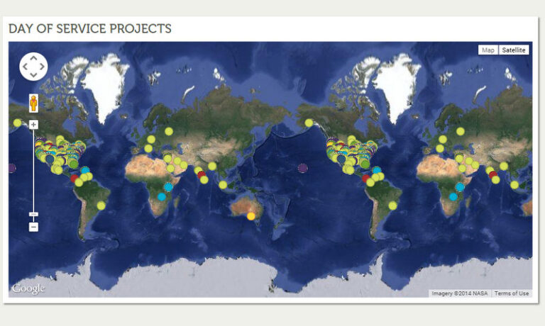 World map showing Day of Service Projects locations marked with yellow and blue dots across continents