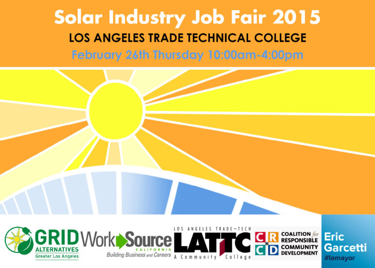 Solar Industry Job Fair 2015 poster for LA Trade Technical College, February 26th, 10am-4pm, featuring sun graphics and sponsor logos