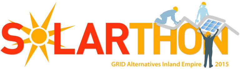 Solarthon logo with sun graphic and workers installing solar panels, GRID Alternatives Inland Empire 2015