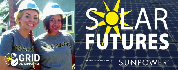 Two women wearing hard hats and GRID Alternatives shirts stand next to Solar Futures logo with Sunpower partnership text
