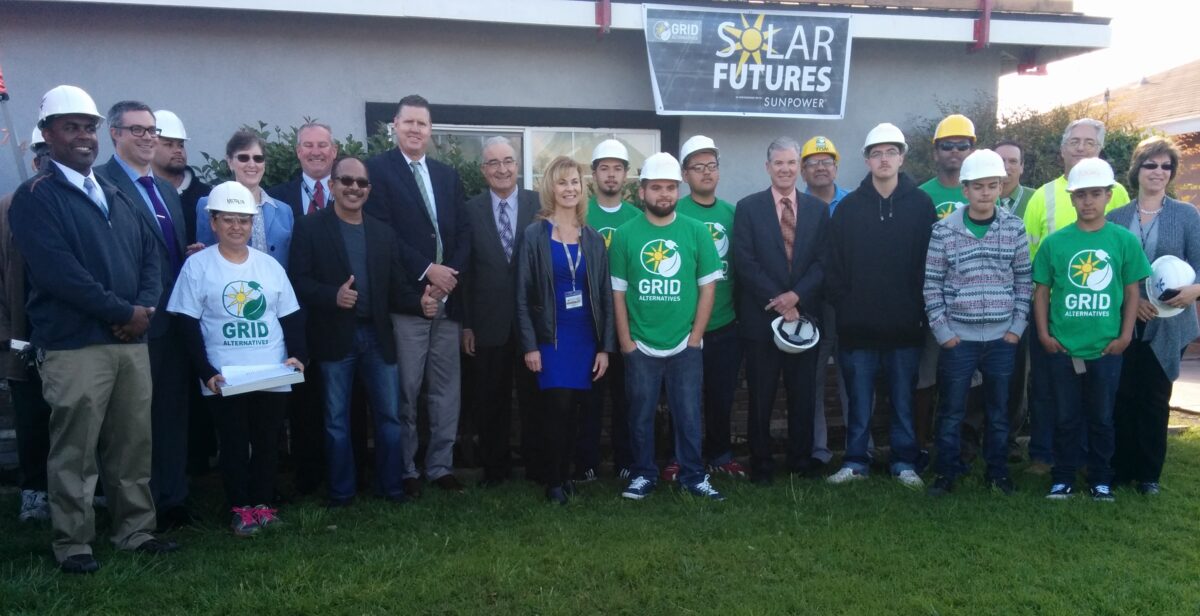 Group of officials and students at Solar Futures SunPower facility groundbreaking ceremony