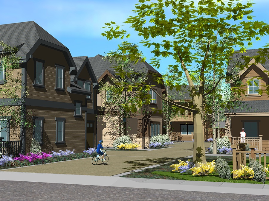 Architectural rendering of a residential community with brick homes, manicured gardens, and a child riding a bike on a tree-lined street
