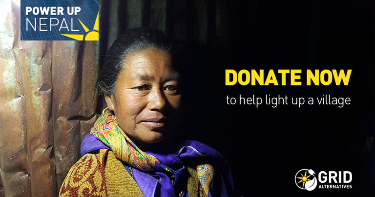 Power Up Nepal donation campaign featuring woman in colorful traditional clothing with "Donate Now" call-to-action