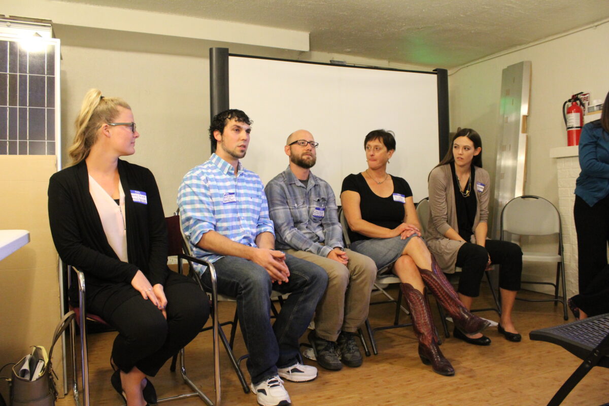 Five professionals seated in a panel discussion about solar energy