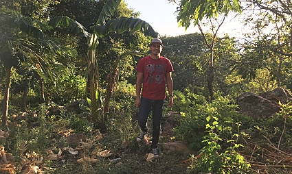 Person jogging on forest trail in lush green jungle surroundings