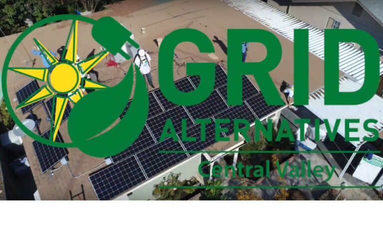 Grid Alternatives Central Valley logo with sun symbol over aerial view of solar panels and volunteers