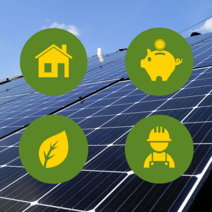 Four green circles with yellow icons on solar panels: house, piggy bank, leaf, and worker