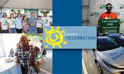 GRID IE Summer Celebration collage showing community members at outdoor event with sun logo