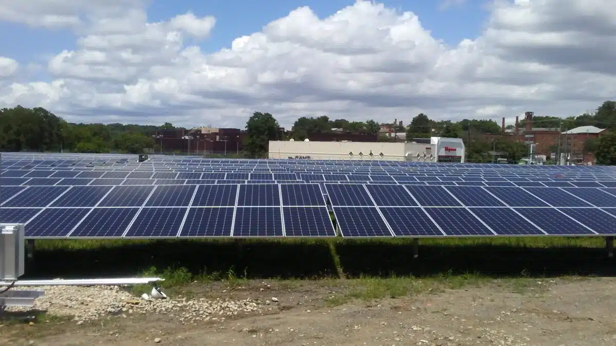 Large-scale solar panel array on rooftop with industrial buildings and trees in background under cloudy sky