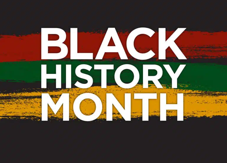 Black History Month text on Pan-African flag stripes in red, green, gold, and black