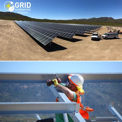 Solar panel installation at Santa Rosa project site with worker securing panels