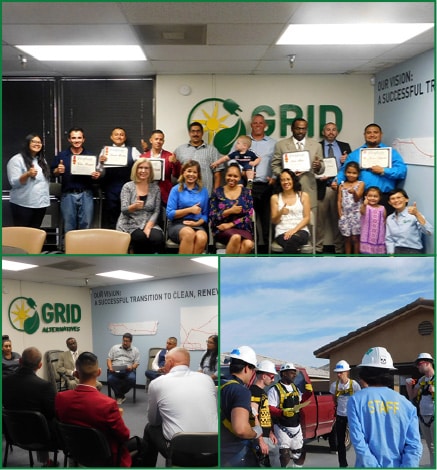 GRID organization cohort group photos: indoor meeting, presentation, and outdoor construction site event with participants wearing hard hats