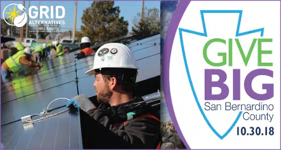 Grid Alternatives worker installing solar panels; Give Big San Bernardino County 10.30.18 logo
