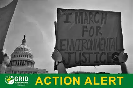 Activist holding "I March For Environmental Justice" sign before U.S. Capitol building, black and white photo with green "Action Alert" banner