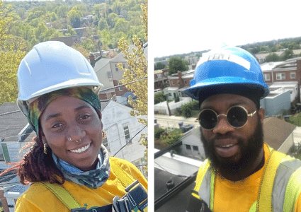 Two construction workers wearing hard hats and safety gear smiling at camera on job sites