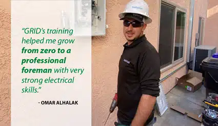 Omar Alhalak in hard hat and work uniform with testimonial quote about GRID training