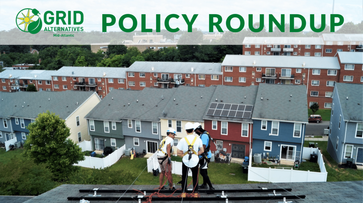 Grid Alternatives Mid-Atlantic policy roundup banner showing workers installing solar panels on residential roofs
