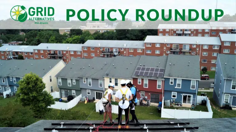 Grid Alternatives Mid-Atlantic policy roundup banner showing workers installing solar panels on residential roofs