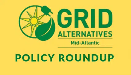 Grid Alternatives Mid-Atlantic logo with sun and leaf design above "Policy Roundup" text on yellow background