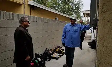 Person dressed in construction gear with a construction hat shows something in an electrical box to another person in a suit