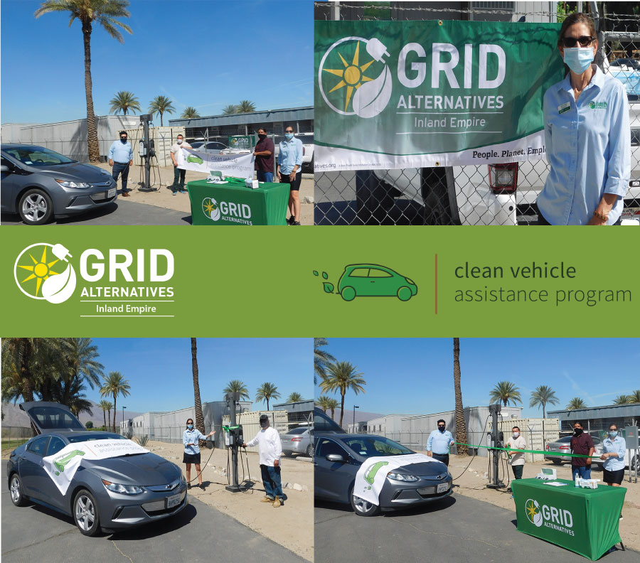 GRID Alternatives Inland Empire clean vehicle assistance program event with electric vehicles and charging stations