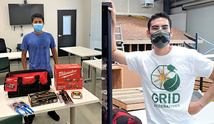 Two workers wearing masks display tools and equipment during a training session indoors and outdoors