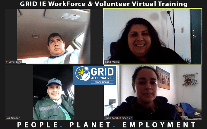 Virtual training session with four participants from GRID Alternatives showing workforce and volunteer training with "People Planet Employment" tagline