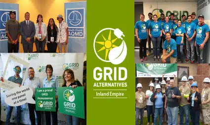 Grid Alternatives Inland Empire team photos with logo and volunteers in matching blue shirts