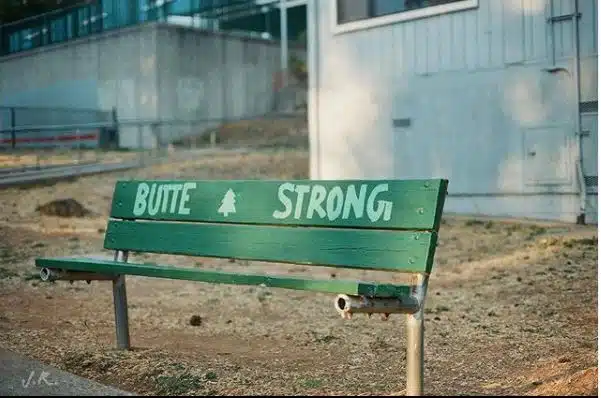 Green wooden bench with "BUTTE STRONG" text and pine tree symbol in rural setting
