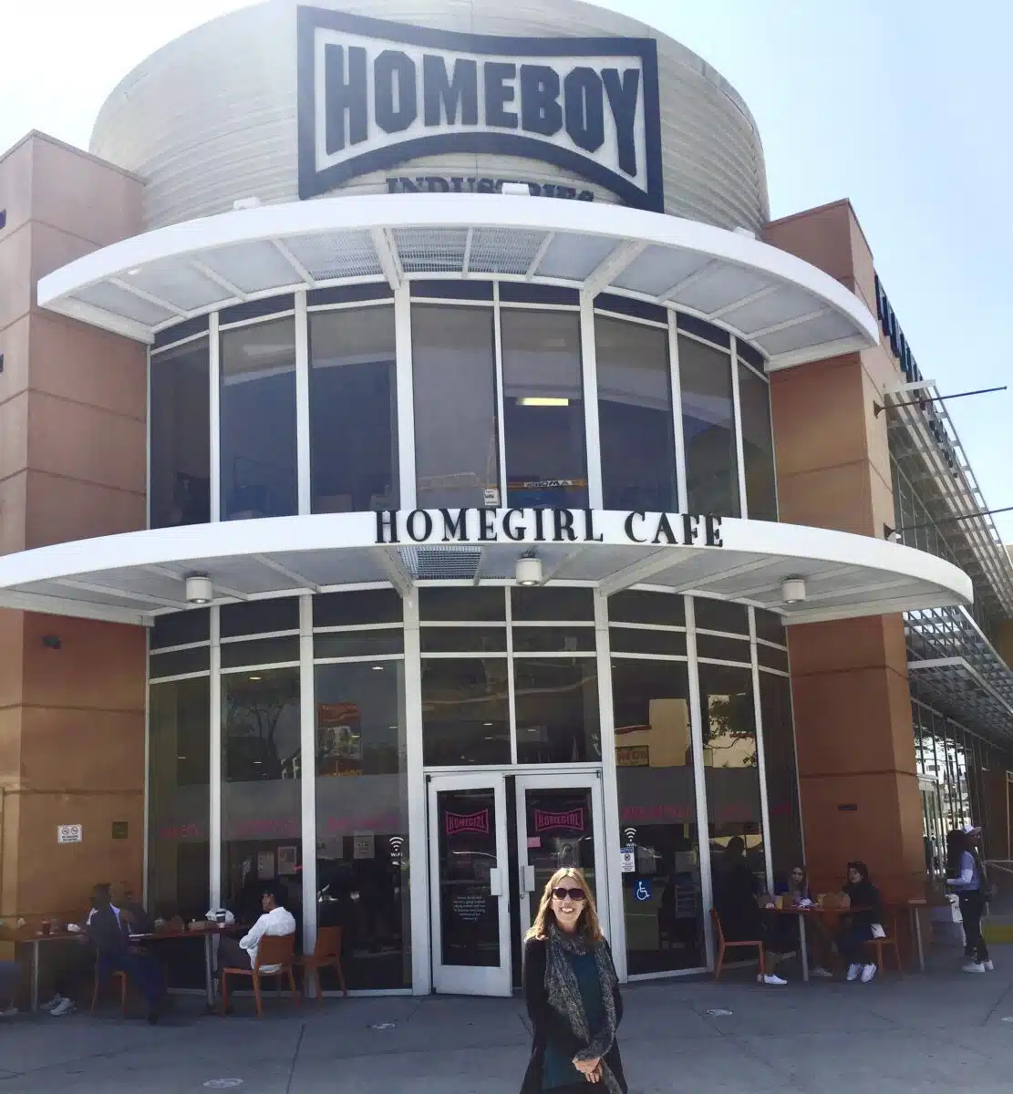 shanley rhodes in front of the homeboy industries building