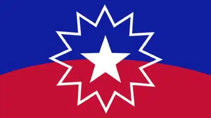 Blue and red flag with white star burst design and central white star