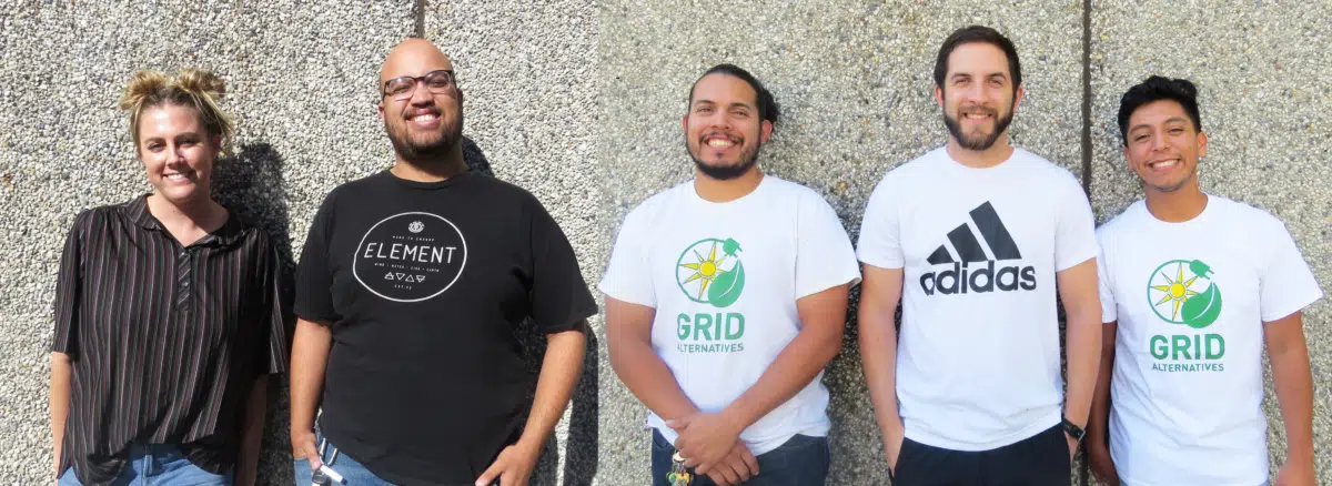 Five people standing against a textured wall, some wearing GRID Alternatives and Element branded shirts