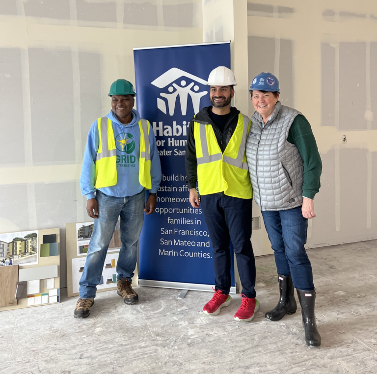 (L) Arthur Bart-Williams, GRID Bay Area Executive Director, (C) White House National Climate Advisor Ali Zaidi, (R) Maureen Sedonaen, Chief Executive Officer at Habitat For Humanity San Francisco