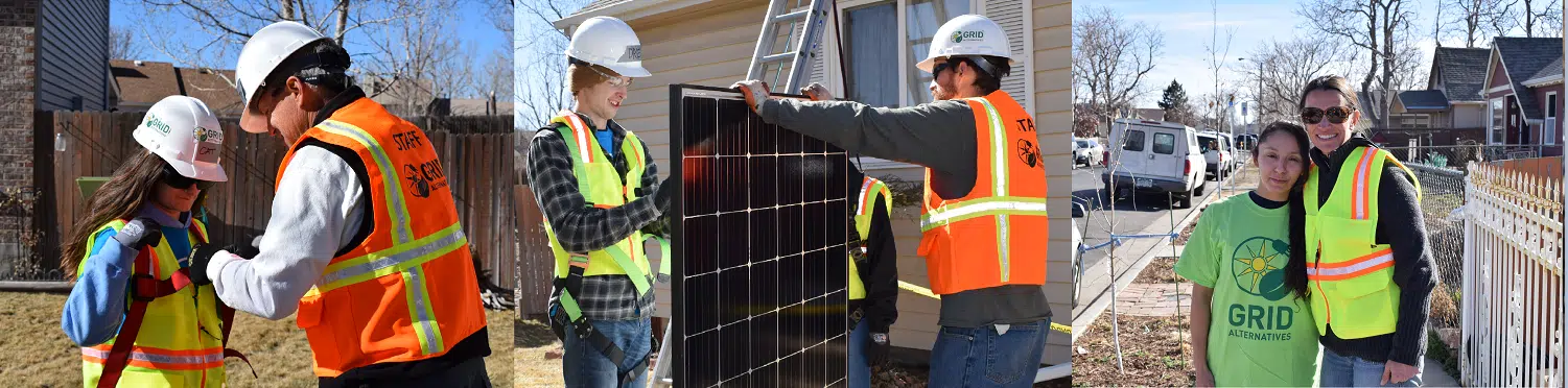 (from left) 1.) GRID staff helps a student put a harness on. 2.) Two people stand holding a solar panel, one of them is looking down at the back of the panel. 3.) Yvonne and Pamela.