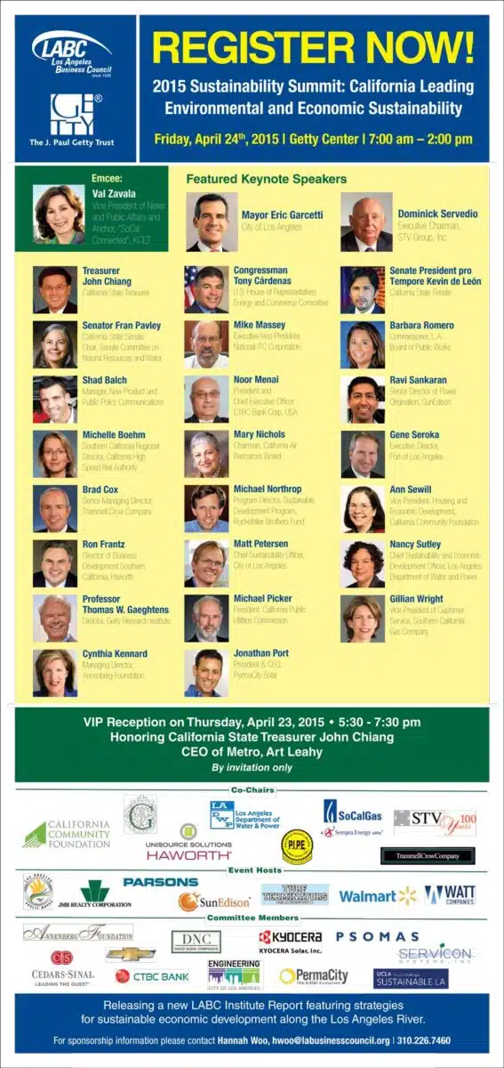 Flyer for 2015 LABC Sustainability Summit on April 24, 2015, featuring keynote speakers and event details with registration information